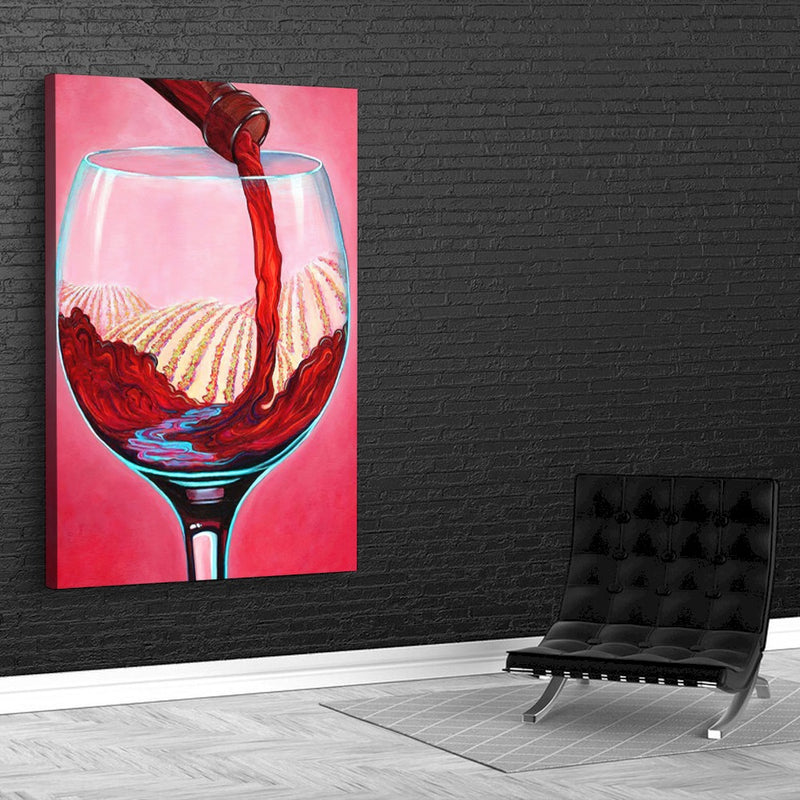 Quadro Taça De Vinho E Vinhedos Estilo Pintura